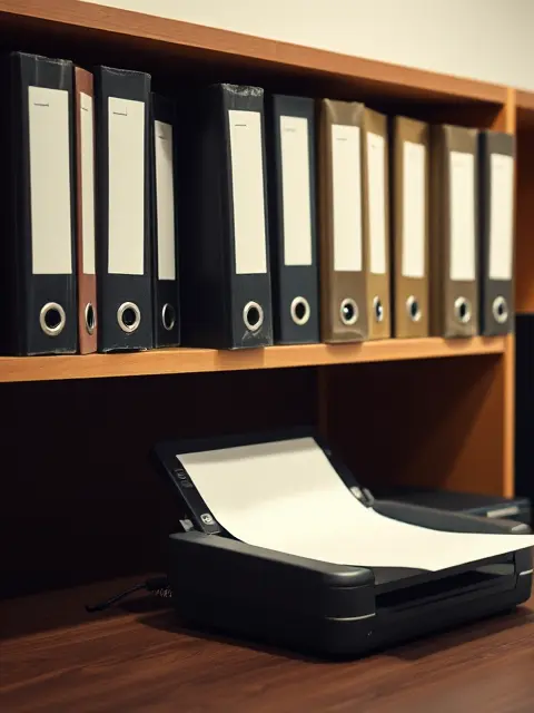 Regal mit Aktenordnern, davor ein Dokumentenscanner mit eingelegtem Blatt und ein Stapel Papier