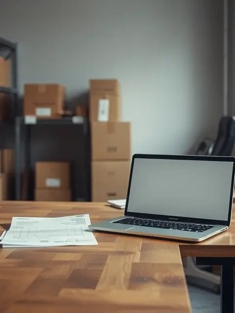 Holztisch in einem Lagerraum mit einer Rechnung und einem aufgeklappten Laptop, dahinter Kartons im Regal