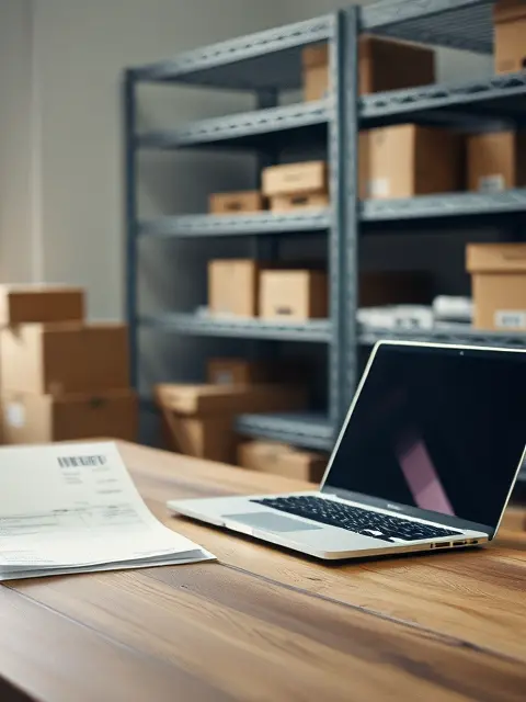 Aufgeklappter Laptop und eine Rechnung auf einem Holztisch vor Regalen mit Kartons